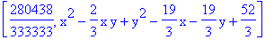 [280438/333333, x^2-2/3*x*y+y^2-19/3*x-19/3*y+52/3]